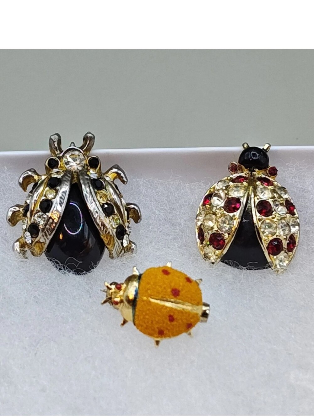 Vintage 3 Bug Incect Brooches Rhinestones Garden Ladybug Lapel Pins Gold Tone